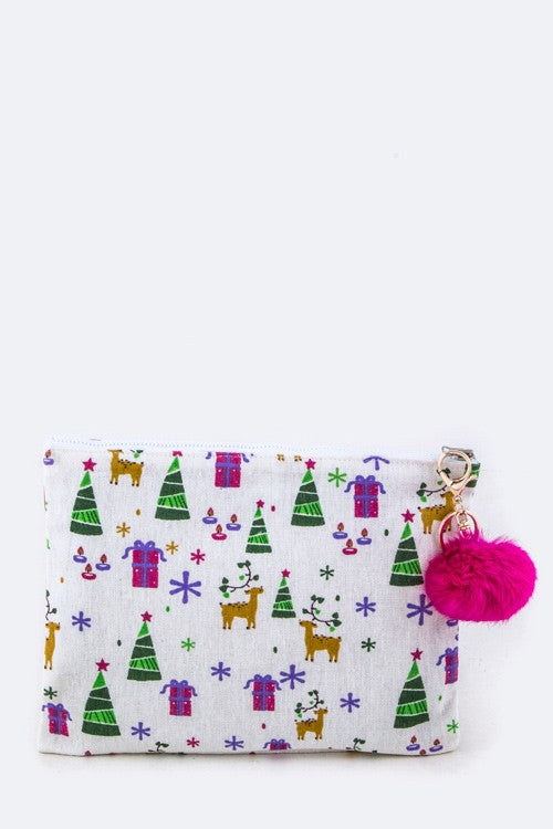 Xmas Print PomPom Canvas Pouch