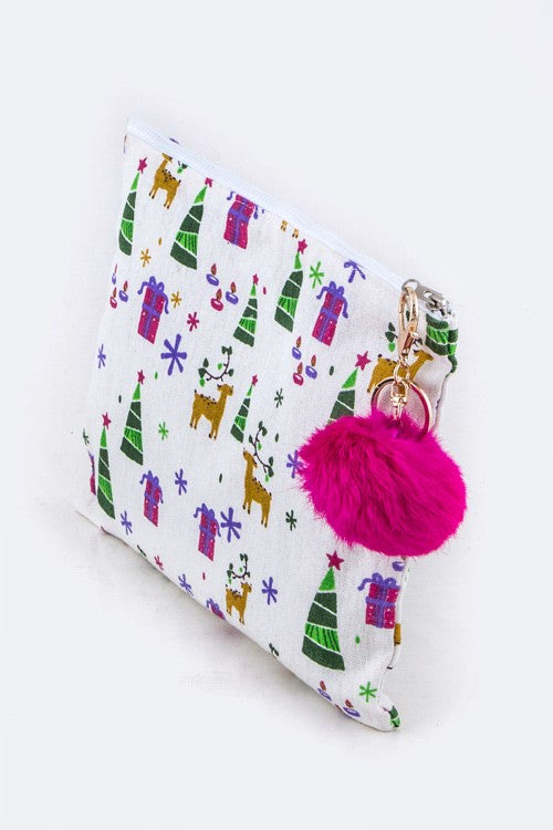 Xmas Print PomPom Canvas Pouch