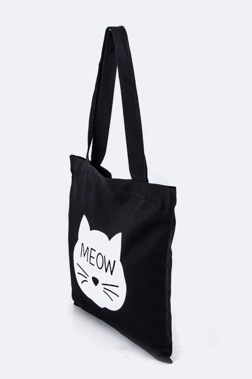 Meow Cat Print Cotton Canvas Tote