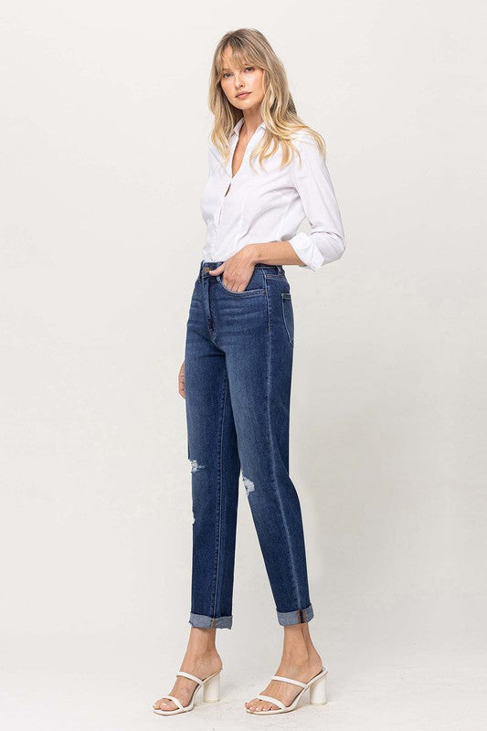 Distressed Double Cuffed stretch Mom Jeans