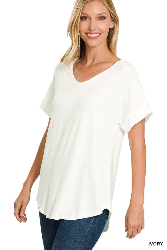 Luxe Rayon Short Cuff Sleeve V-Neck Round Hem Top.