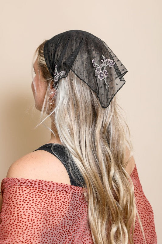 Tulle Lace Embroidered Poppy Headscarf