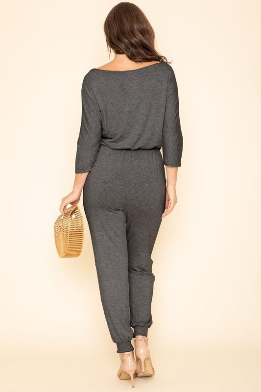 Quarter Sleeve Boat Neck Blouson Jumpsuit