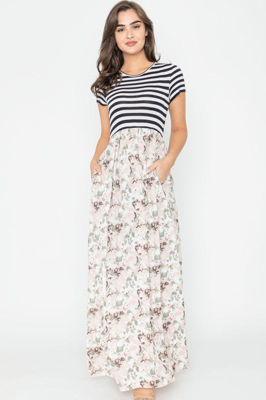 Stripe Summer Floral Maxi Dress