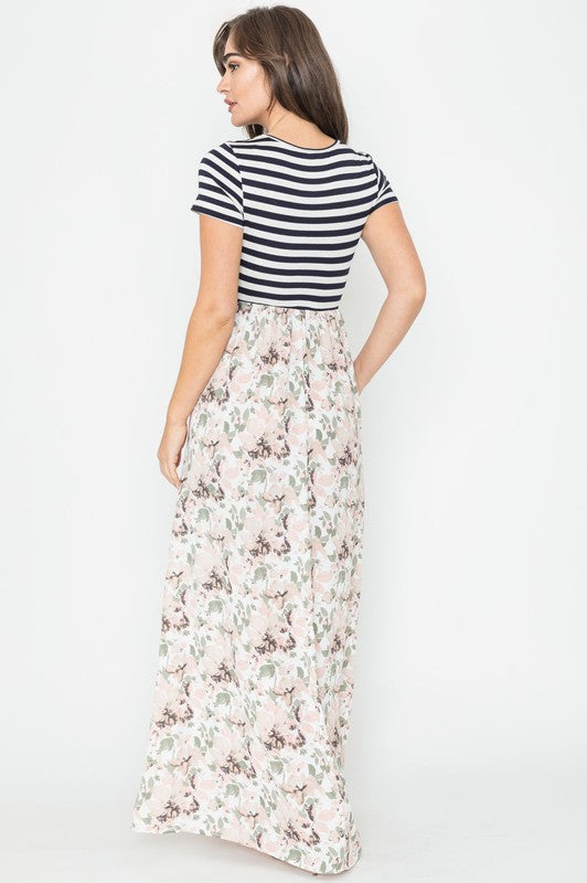 Stripe Summer Floral Maxi Dress