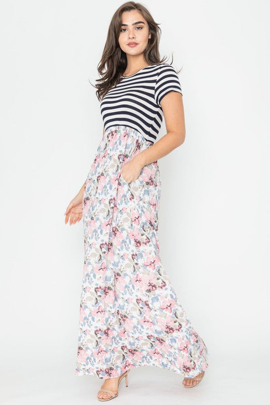 Stripe Summer Floral Maxi Dress