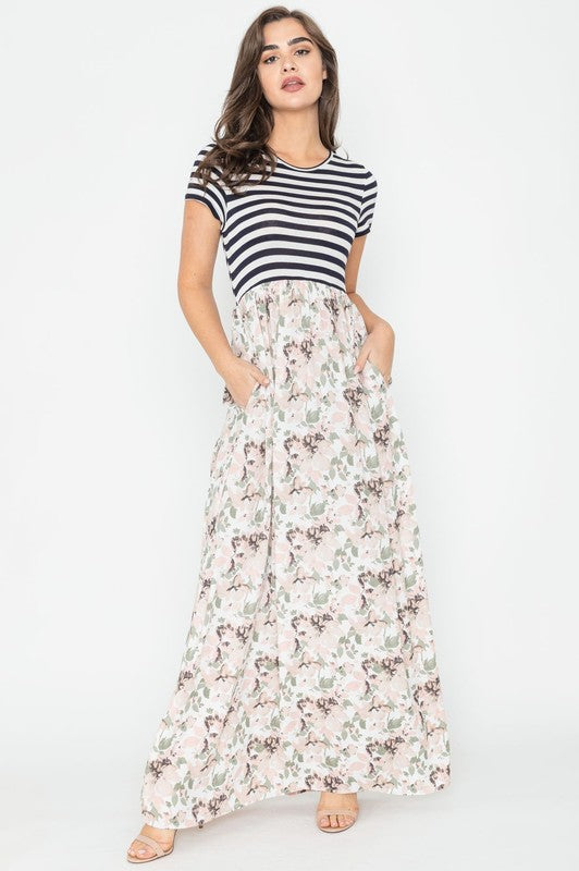 Stripe Summer Floral Maxi Dress