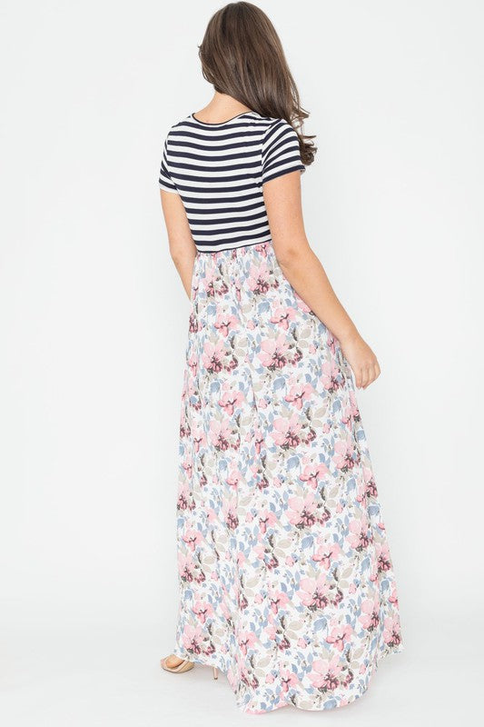 Stripe Summer Floral Maxi Dress