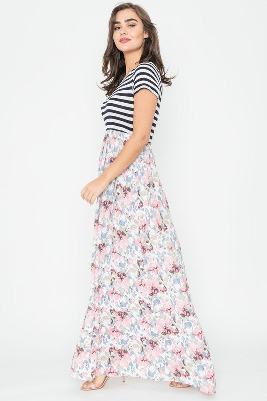 Stripe Summer Floral Maxi Dress