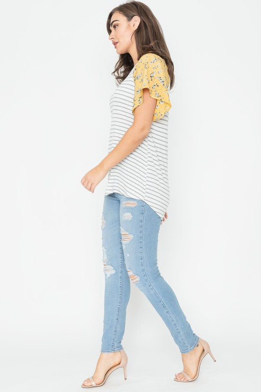 V Neck Stripe Floral Sleeve Tunic