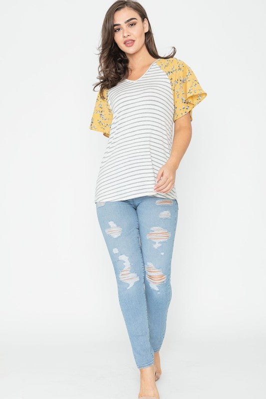 V Neck Stripe Floral Sleeve Tunic