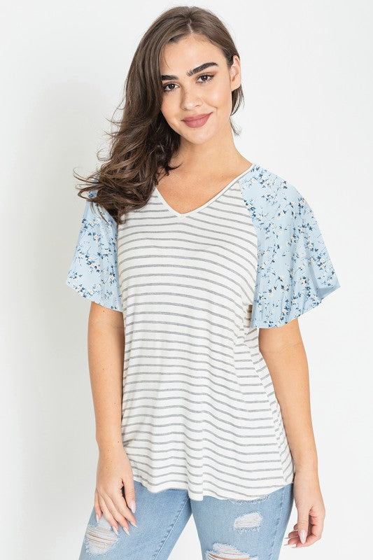 V Neck Stripe Floral Sleeve Tunic