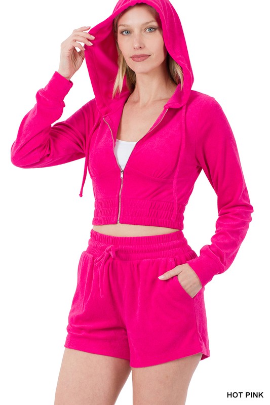 Loop Terry Zip Up Cropped Hoodie & Shorts Set