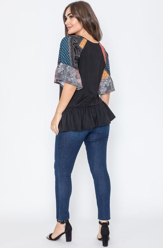 Patchwork Ruffle Sleeve Tunic