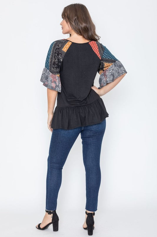 Patchwork Ruffle Sleeve Tunic