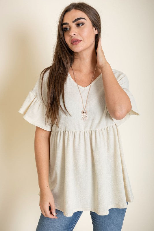 Shirred V Neck Ruffle Sleeve Baby Doll Tunic