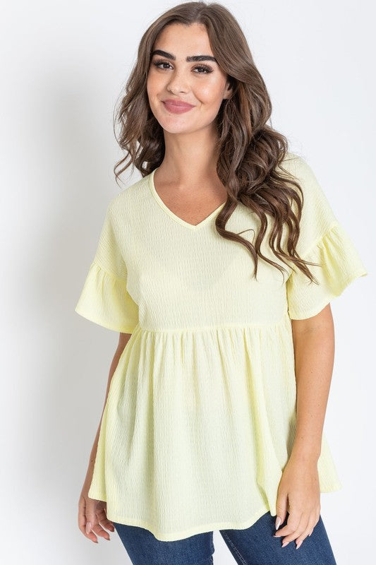 Shirred V Neck Ruffle Sleeve Baby Doll Tunic