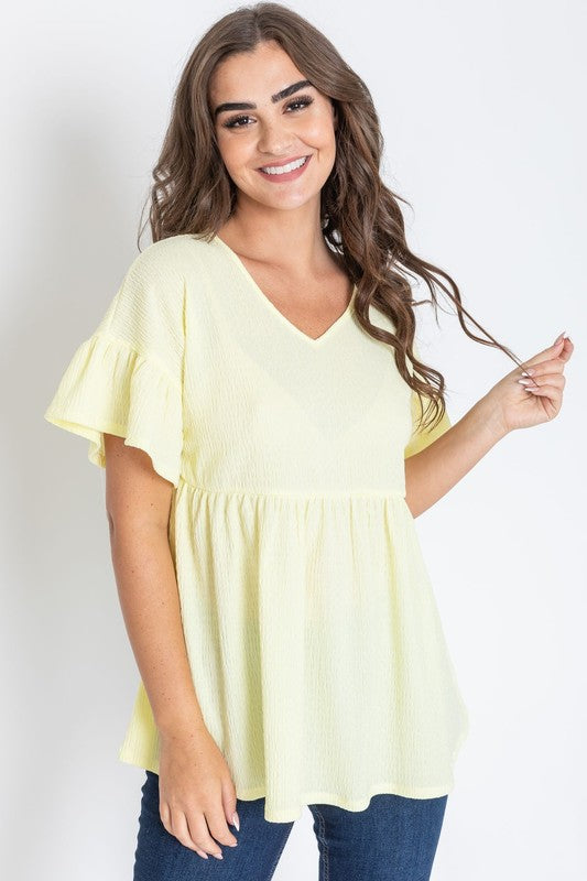 Shirred V Neck Ruffle Sleeve Baby Doll Tunic