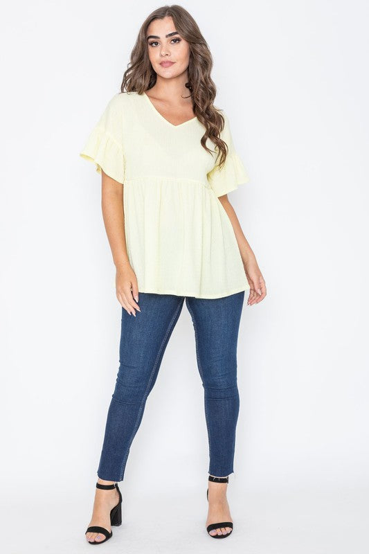 Shirred V Neck Ruffle Sleeve Baby Doll Tunic