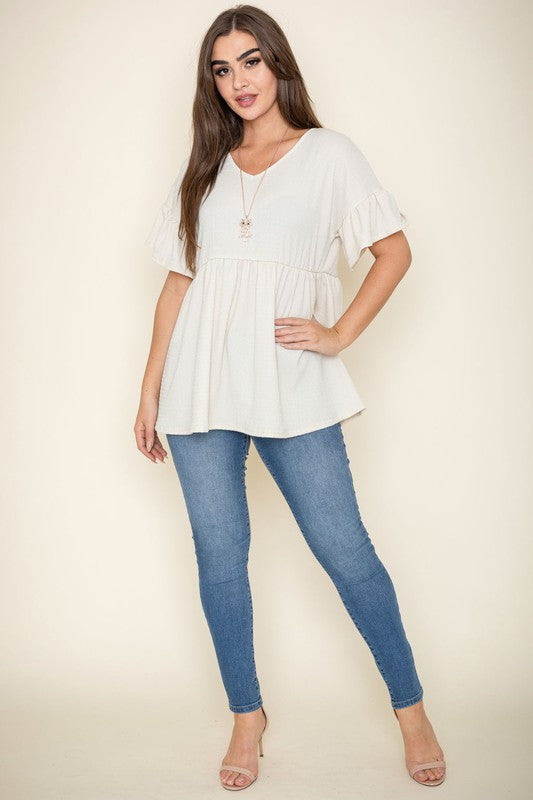 Shirred V Neck Ruffle Sleeve Baby Doll Tunic