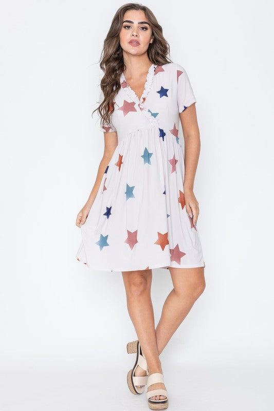 Star Surplice Ruffle Hem Dress