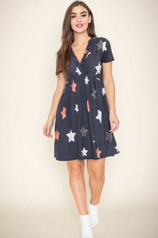 Star Surplice Ruffle Hem Dress