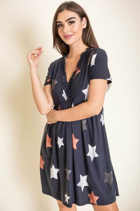 Star Surplice Ruffle Hem Dress