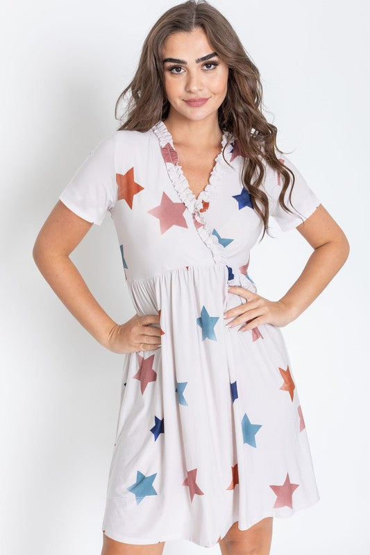 Star Surplice Ruffle Hem Dress