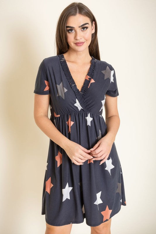 Star Surplice Ruffle Hem Dress