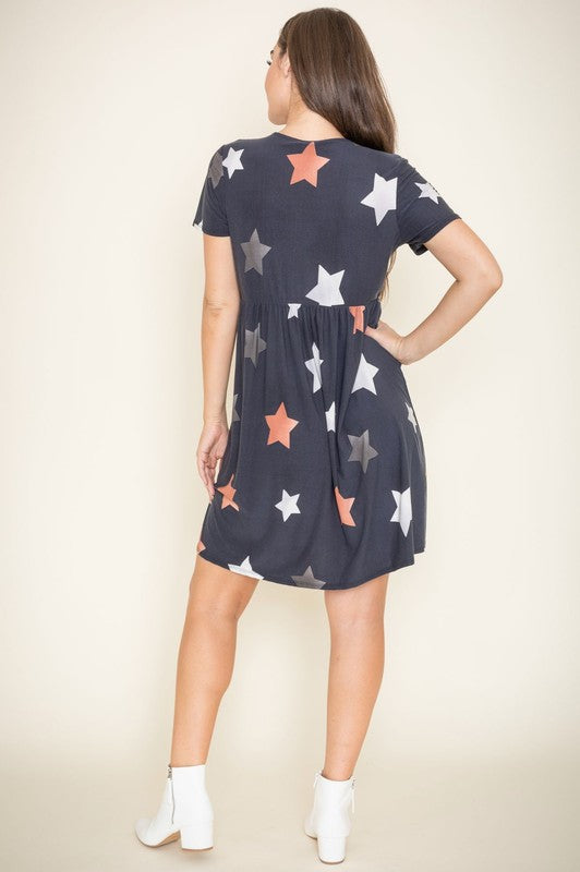 Star Surplice Ruffle Hem Dress