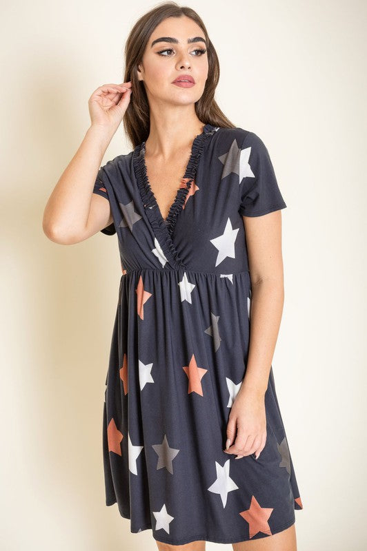 Star Surplice Ruffle Hem Dress