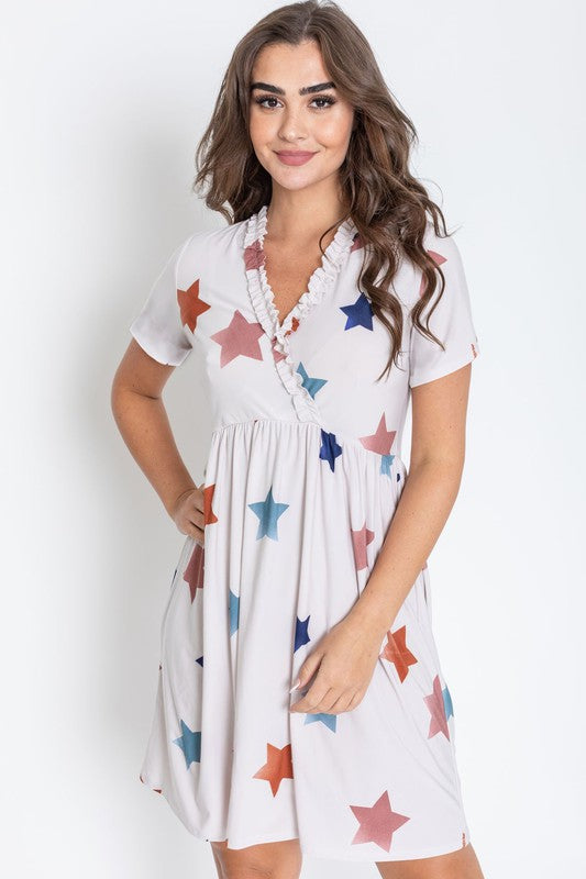 Star Surplice Ruffle Hem Dress