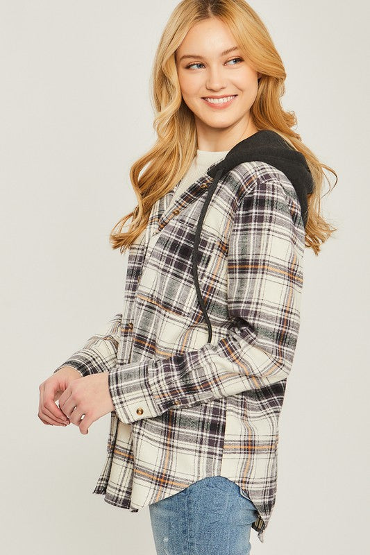 Plaid Flannel Button Up Shacket with Hood