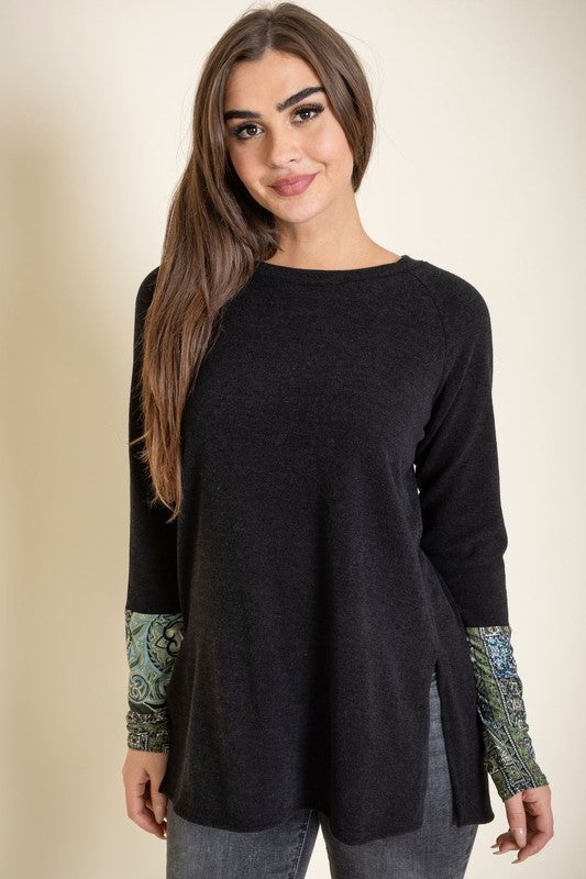 Knit Side Slit Paisley Cuff Tunic