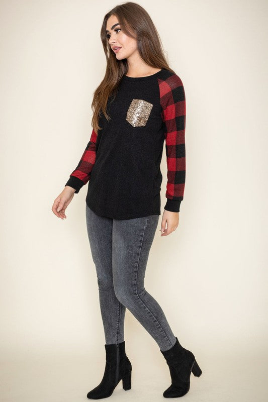 Plus Checker Sleeve Sequin Pocket Tunic