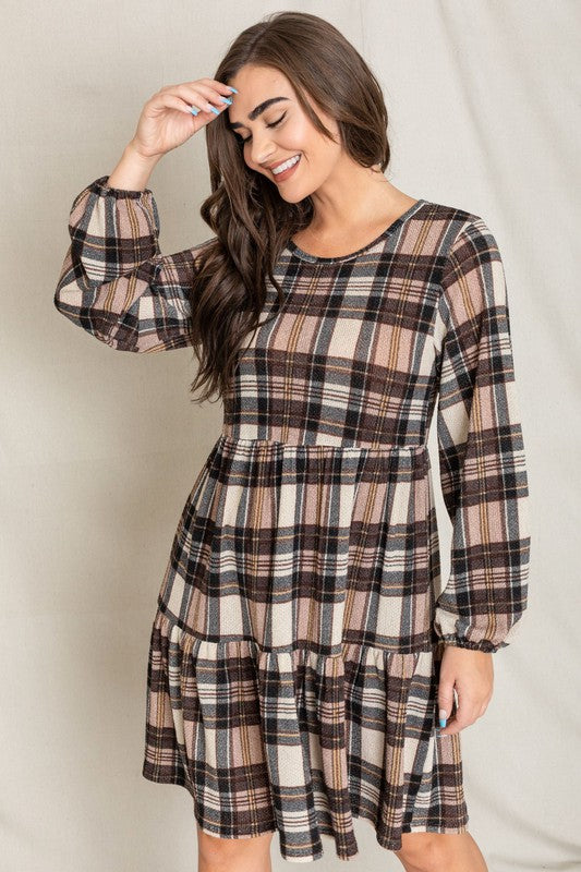 Plaid Balloon Sleeve Tiered Midi Dress