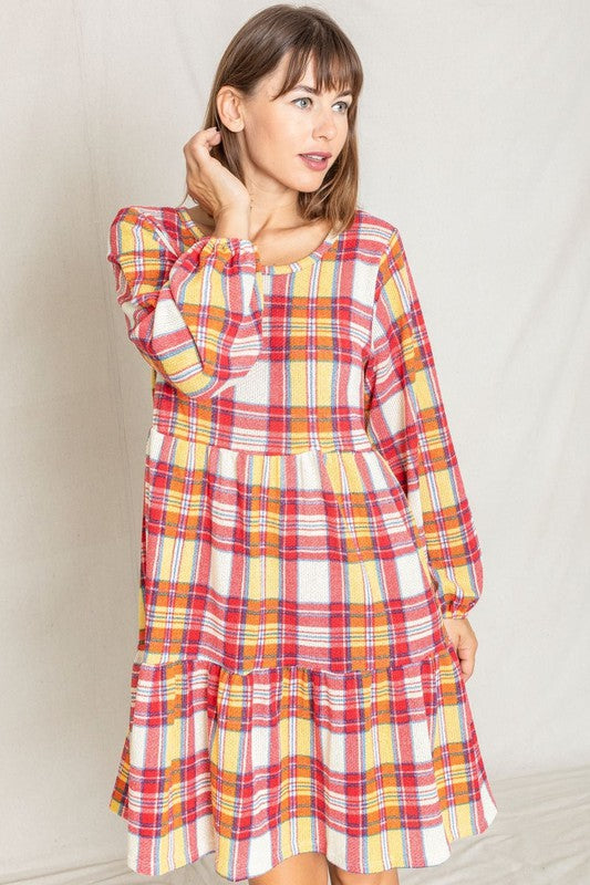 Plaid Balloon Sleeve Tiered Midi Dress