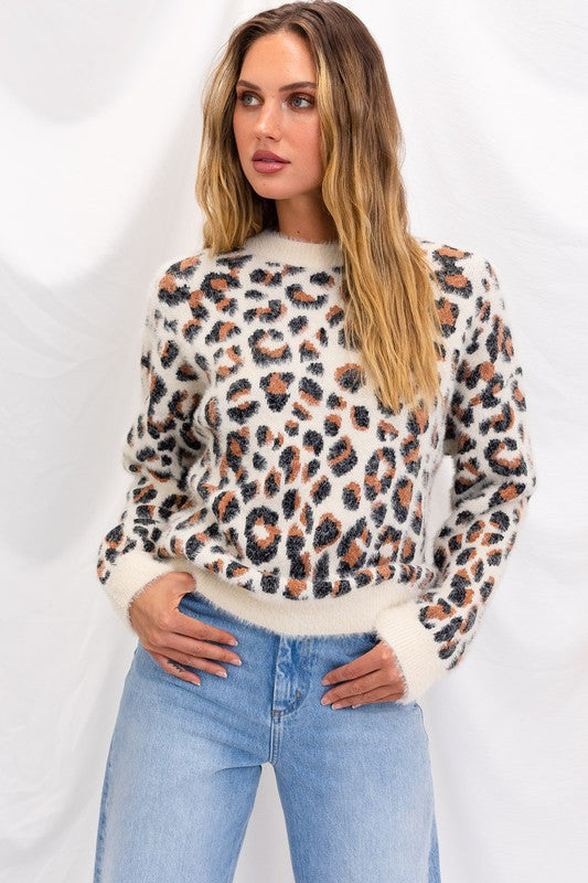 Fuzzy Leopard Pullover Sweater