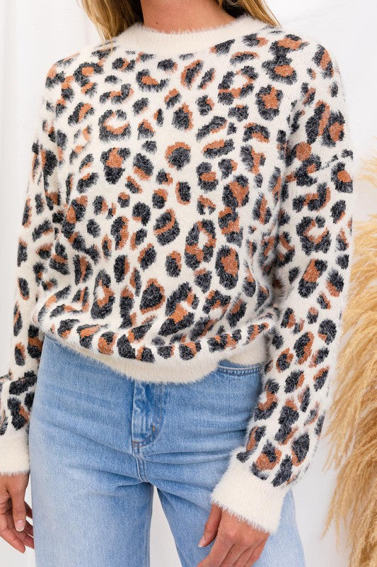 Fuzzy Leopard Pullover Sweater