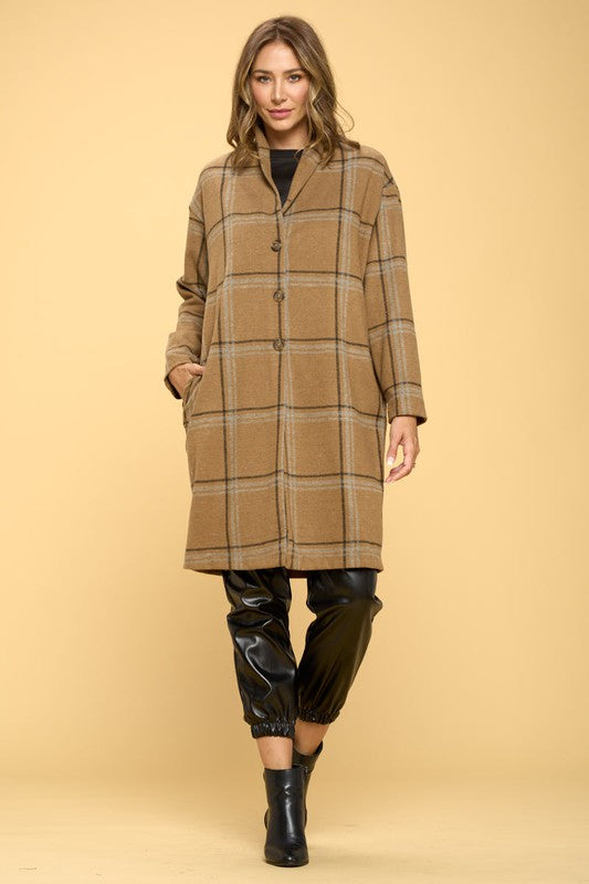 Plaid Coat with Buttons and Pockets