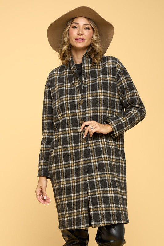 Plaid Coat with Buttons and Pockets