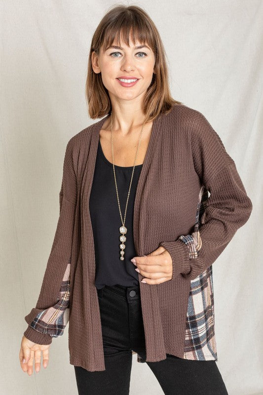 Plaid Back Waffle Knit  Cardigan