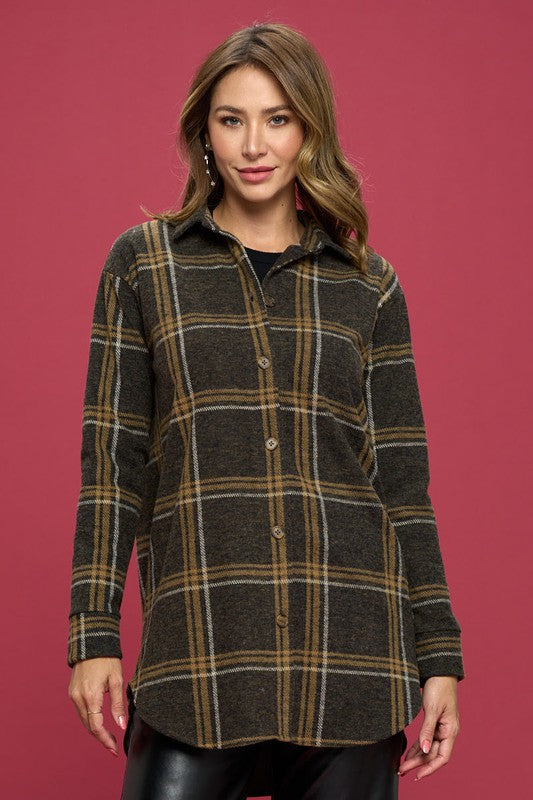 Plaid Print Flannel Top with Hi-Lo Hem.