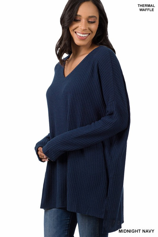 Brushed Thermal Waffle V-Neck Hi-Low Hem Sweater