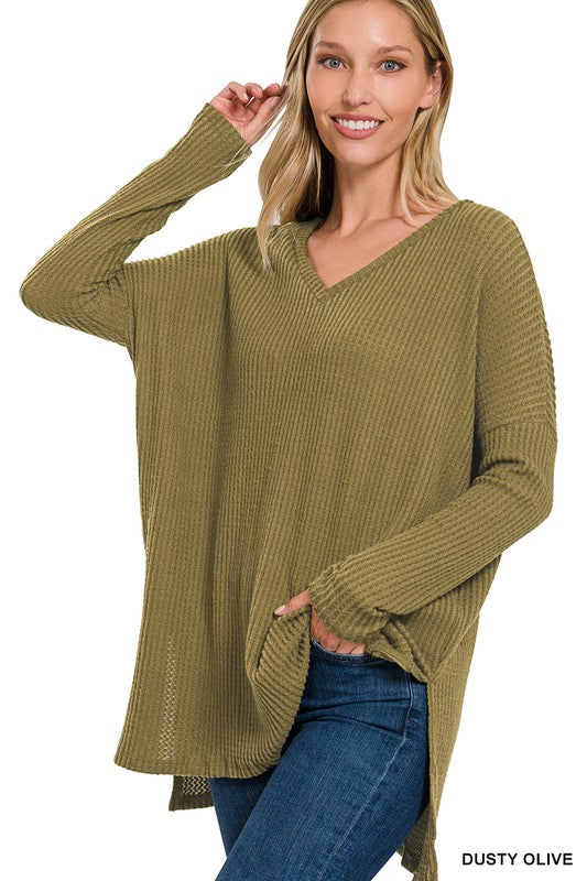 Brushed Thermal Waffle V-Neck Hi-Low Hem Sweater