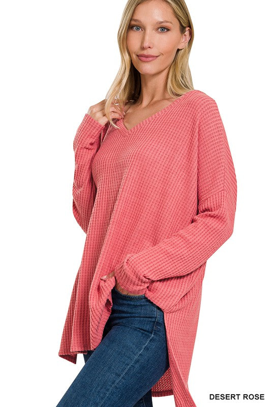 Brushed Thermal Waffle V-Neck Hi-Low Hem Sweater