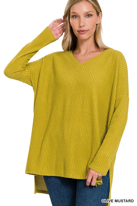 Brushed Thermal Waffle V-Neck Hi-Low Hem Sweater