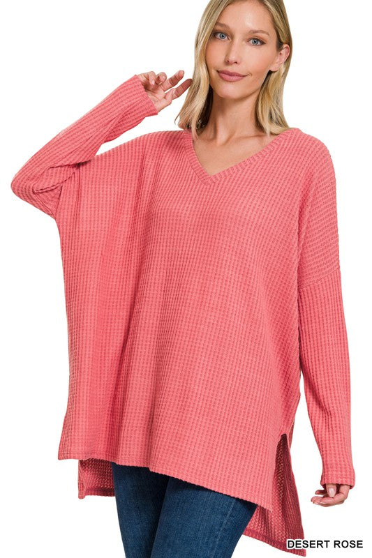 Brushed Thermal Waffle V-Neck Hi-Low Hem Sweater