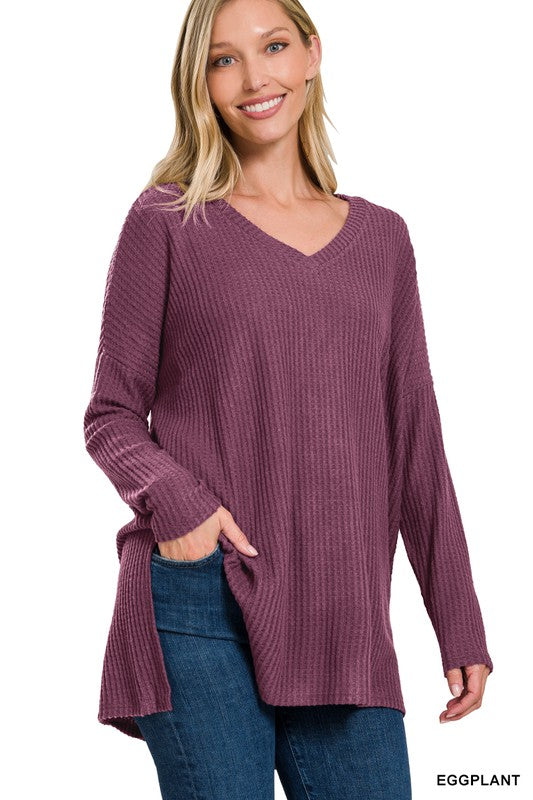 Brushed Thermal Waffle V-Neck Hi-Low Hem Sweater