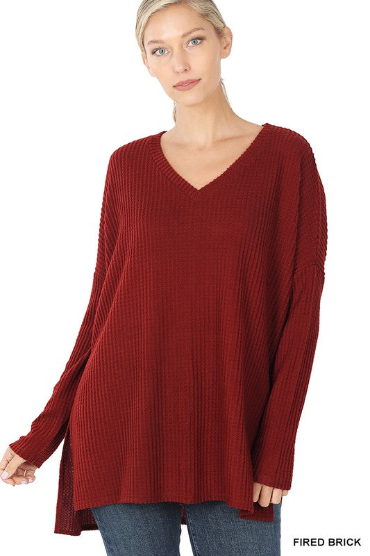 Brushed Thermal Waffle V-Neck Hi-Low Hem Sweater